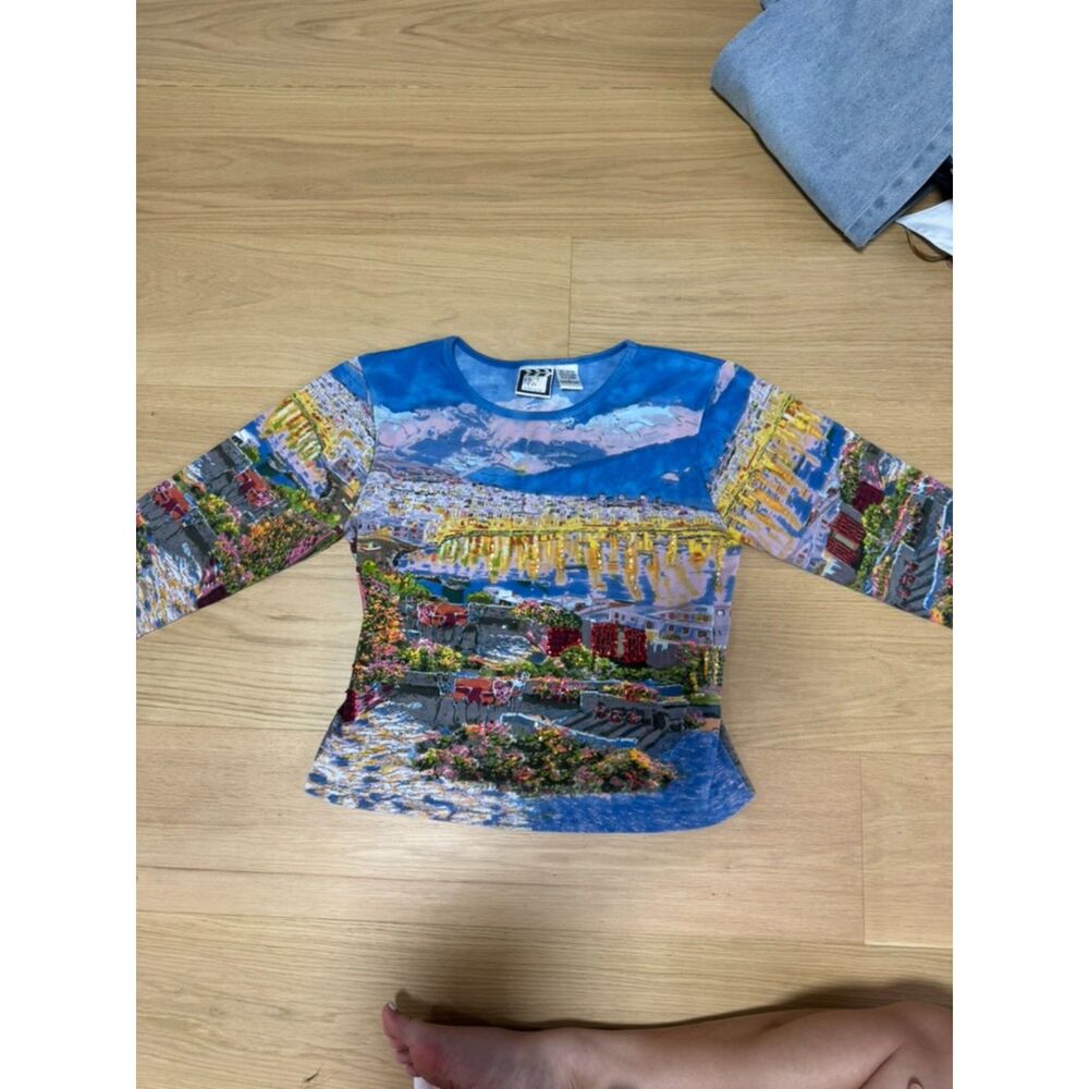 Take Two Y2K Scenic Print Mesh-Look Top, Size L